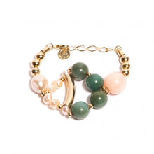 Green, Pink Jade Bracelet with Pearls - Gold Plated