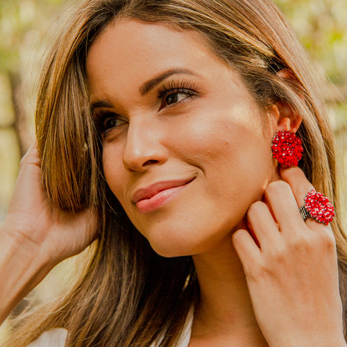 Set Earrings & Ring with Red Crystal