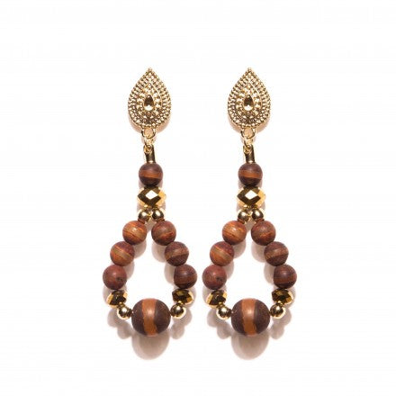 Brown Earrings with Beads in Jasper & Amber Stone - Gold Plated
