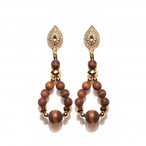 Brown Earrings with Beads in Jasper & Amber Stone - Gold Plated